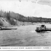 FWD's fording Hyland River. Alaska Highway. Yukon, Canada.